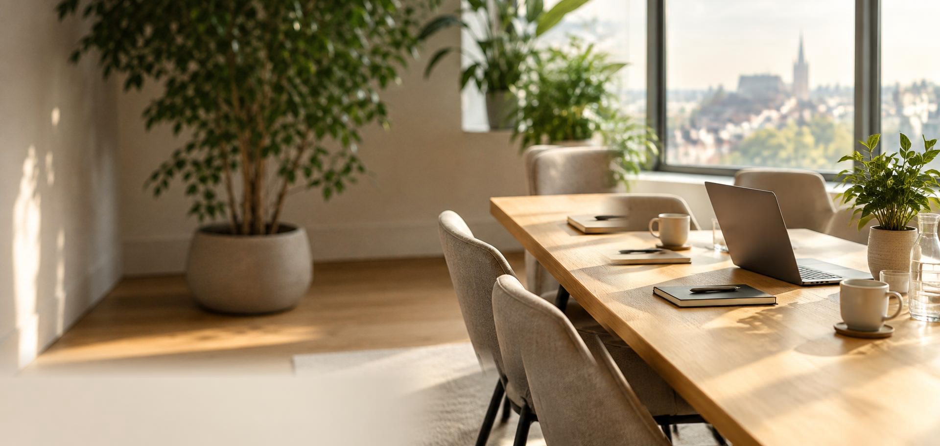 A bright meeting room with an oak table and city views
