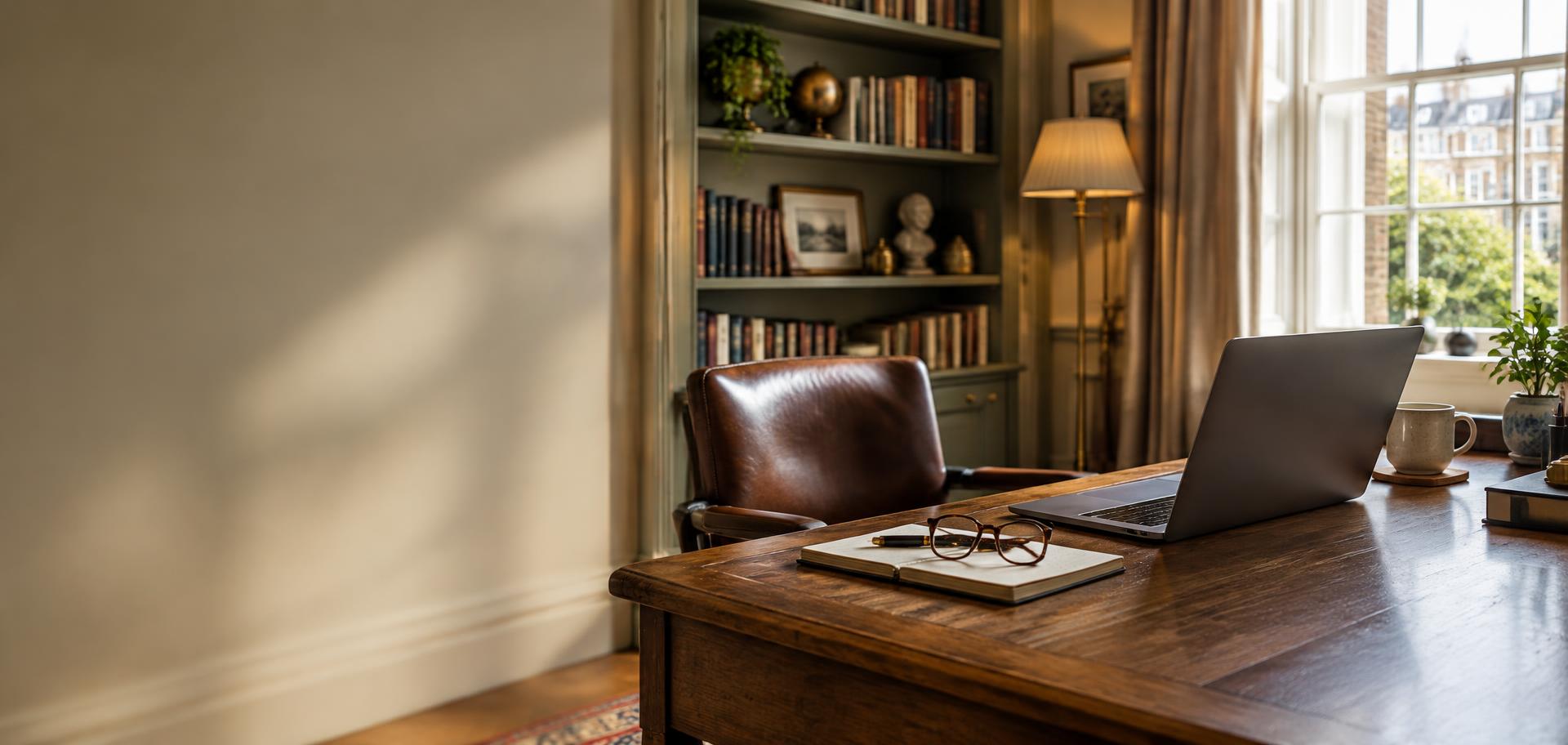 A quiet advisor's study with a desk, notebook and bookshelves